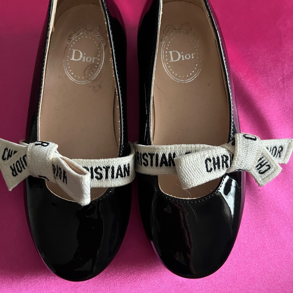 Dior Black Patent Leather Flats with Logo Bow